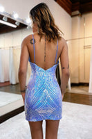 Load image into Gallery viewer, Glitter Blue Spaghetti Straps Sequins Tight Short Homecoming Dress