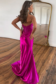 Fuchsia Mermaid Backless Satin Long Corset Prom Dress With Slit
