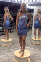 Load image into Gallery viewer, Sparkly Blue One Shoulder Bodycon Sequined Homecoming Dress with Fringes