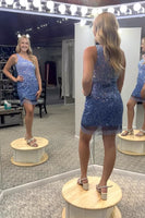Load image into Gallery viewer, Sparkly Blue One Shoulder Bodycon Sequined Homecoming Dress with Fringes