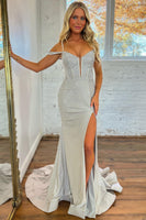 Load image into Gallery viewer, Sparkly Grey Mermaid Beaded Long Corset Prom Dress With Slit