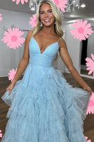 Load image into Gallery viewer, Pink A-Line Deep V Neck Tiered Long Prom Dress With Slit