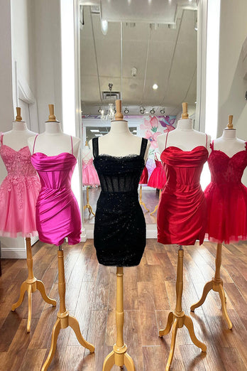 Sparkly Black Off the Shoulder Corset Tight Homecoming Dress with Sequins