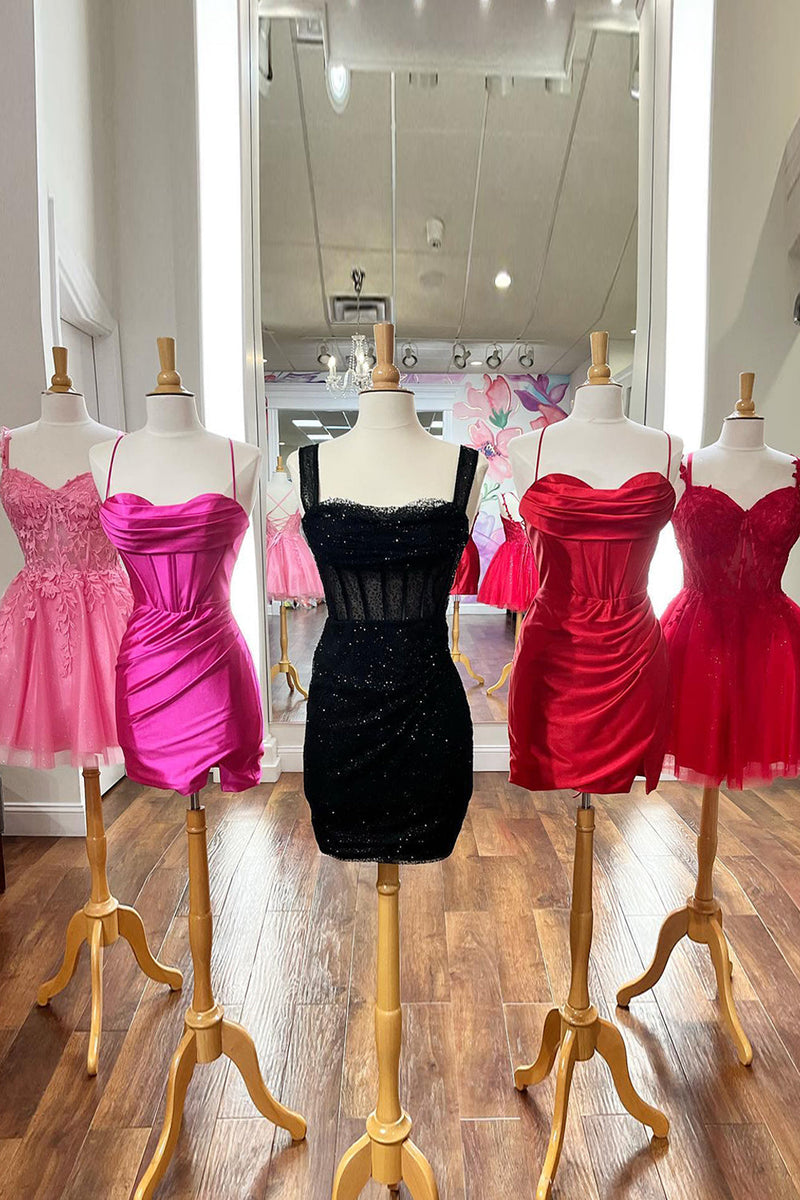 Load image into Gallery viewer, Sparkly Black Off the Shoulder Corset Tight Homecoming Dress with Sequins