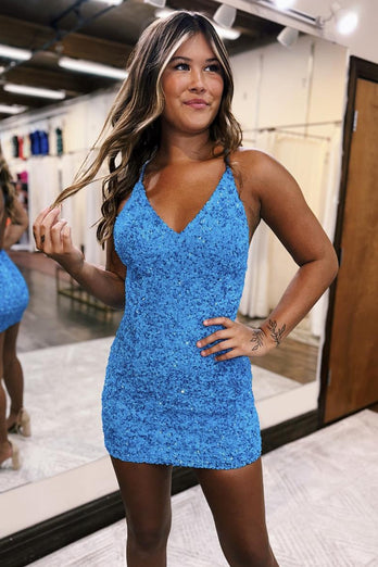 Sparkly Sky Blue Backless Tight Short Homecoming Dress with Sequins