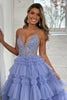 Load image into Gallery viewer, Sparkly Lilac A Line Beaded Long Tiered Corset Prom Dress With Slit