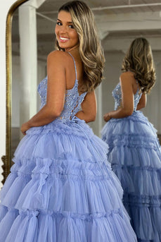 Sparkly Lilac A Line Beaded Long Tiered Corset Prom Dress With Slit
