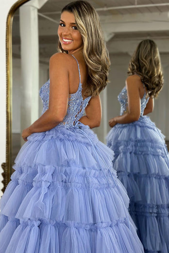 Sparkly Lilac A Line Beaded Long Tiered Corset Prom Dress With Slit