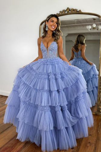 Sparkly Lilac A Line Beaded Long Tiered Corset Prom Dress With Slit