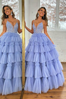 Load image into Gallery viewer, Sparkly Lilac A Line Beaded Long Tiered Corset Prom Dress With Slit