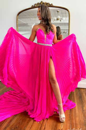 Sparkly Fuchsia A Line Pleated Long Prom Dress With Slit