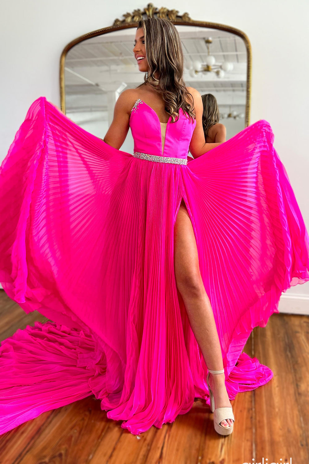 Sparkly Fuchsia A Line Pleated Long Prom Dress With Slit