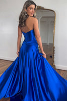 Load image into Gallery viewer, Royal Blue A Line Satin Long Corset Prom Dress With Slit
