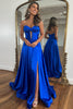 Load image into Gallery viewer, Royal Blue A Line Satin Long Corset Prom Dress With Slit