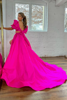Fuchsia A Line Short Sleeves Backless Long Prom Dress With Slit