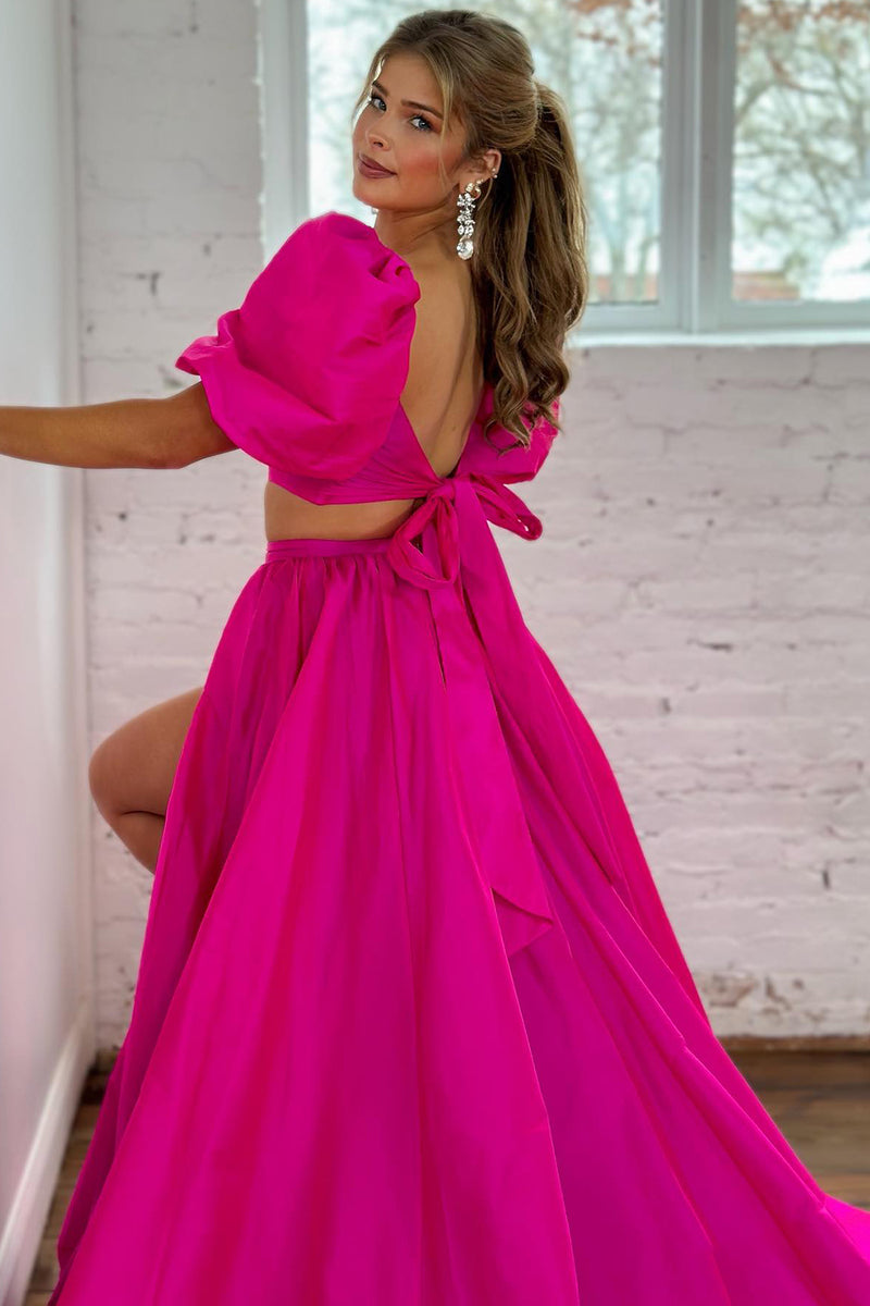 Queendancer Women Fuchsia Long Prom Dress With Slit A Line Short Sleeves Backless Formal Dress queendancer Queendancer Women Fuchsia Long Prom Dress With Slit A Line Short Sleeves Backless Formal Dress queendancer