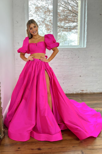 Fuchsia A Line Short Sleeves Backless Long Prom Dress With Slit