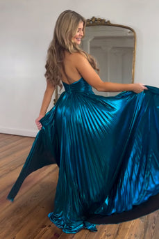 Glitter Turquoise Halter Cut Out Backless Long Prom Dress With Slit