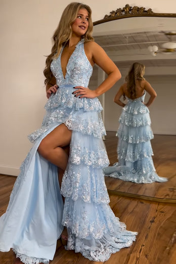 Sparkly Light Blue Halter Backless Lace Tiered Long Prom Dress With Slit