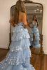 Load image into Gallery viewer, Sparkly Light Blue Halter Backless Lace Tiered Long Prom Dress With Slit