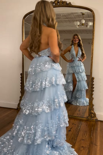 Sparkly Light Blue Halter Backless Lace Tiered Long Prom Dress With Slit