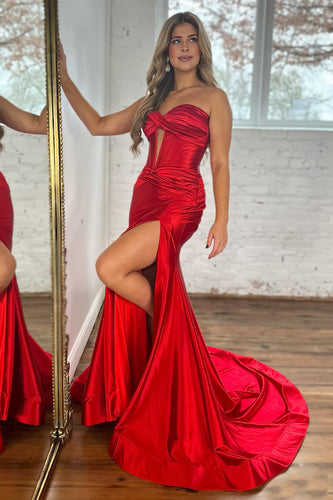 Red Mermaid Sweetheart Long Corset Prom Dress With Slit
