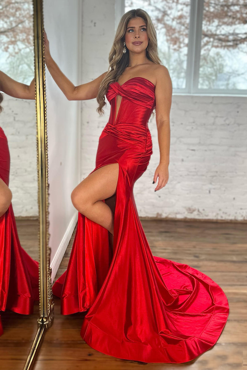Load image into Gallery viewer, Red Mermaid Sweetheart Long Corset Prom Dress With Slit