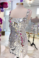 Load image into Gallery viewer, Sparkly Silver Scoop Neck Mirror Tight Homecoming Dress with Slit