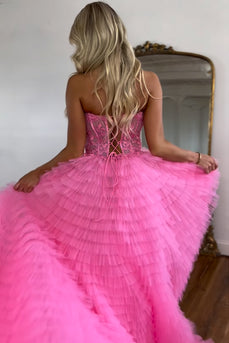 Pink A Line Sweetheart Tiered Long Corset Prom Dress With Lace