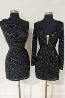 Load image into Gallery viewer, Sparkly Light Purple  V-Neck Bodycon Homecoming Dress with Long Sleeves