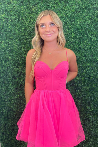 Fuchsia A-Line Spaghetti Straps Corset Tulle Homecoming Dress