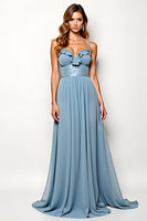 Load image into Gallery viewer, A Line Dusty Blue Spaghetti Straps Chiffon Wedding Guest Dress