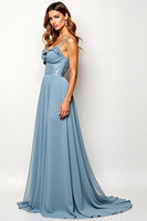 Load image into Gallery viewer, A Line Dusty Blue Spaghetti Straps Chiffon Wedding Guest Dress