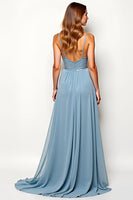 Load image into Gallery viewer, A Line Dusty Blue Spaghetti Straps Chiffon Wedding Guest Dress