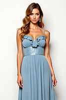 Load image into Gallery viewer, A Line Dusty Blue Spaghetti Straps Chiffon Wedding Guest Dress