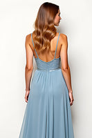 Load image into Gallery viewer, A Line Dusty Blue Spaghetti Straps Chiffon Wedding Guest Dress