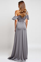 Load image into Gallery viewer, Grey One Shoulder Sheath Long Bridesmaid Dress with Slit
