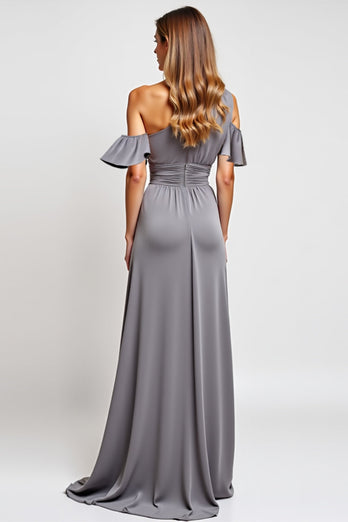 Grey One Shoulder Sheath Long Bridesmaid Dress with Slit