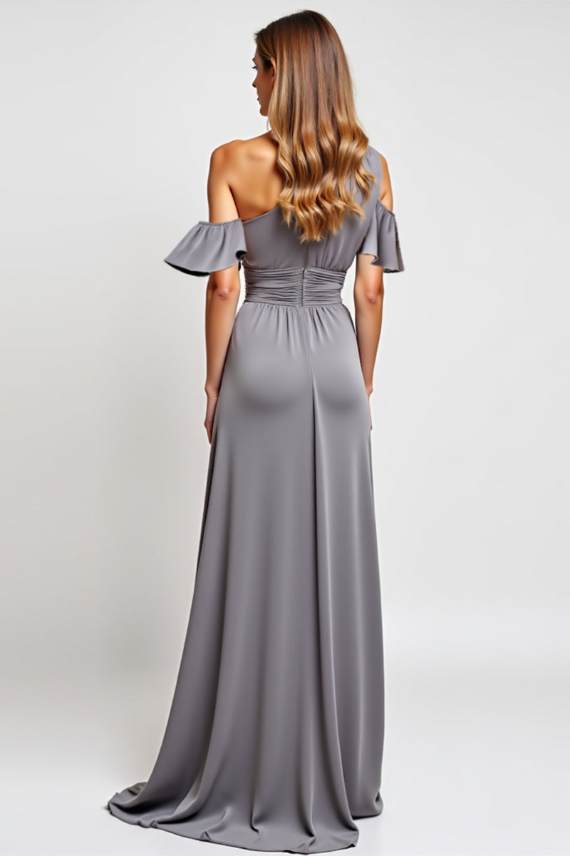 Load image into Gallery viewer, Grey One Shoulder Sheath Long Bridesmaid Dress with Slit