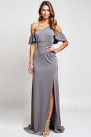 Load image into Gallery viewer, Grey One Shoulder Sheath Long Bridesmaid Dress with Slit