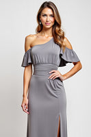 Load image into Gallery viewer, Grey One Shoulder Sheath Long Bridesmaid Dress with Slit
