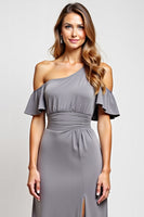 Load image into Gallery viewer, Grey One Shoulder Sheath Long Bridesmaid Dress with Slit