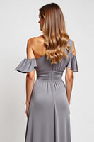 Load image into Gallery viewer, Grey One Shoulder Sheath Long Bridesmaid Dress with Slit