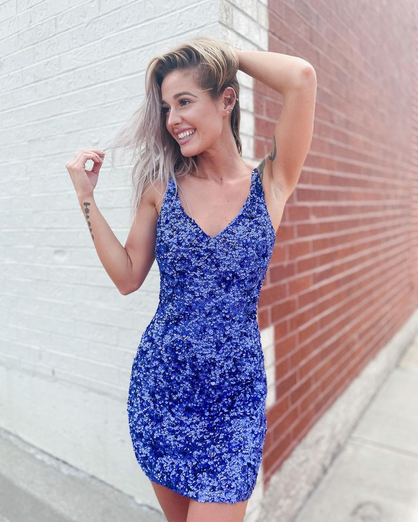 Glitter Blue Sequins Short Prom Dress Homecoming Party Dress