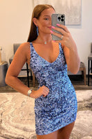 Load image into Gallery viewer, Glitter Blue Sequins Short Prom Dress Homecoming Party Dress