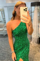 Load image into Gallery viewer, Glitter Black One Shoulder Sequins Long Prom Dress with Slit