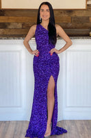 Load image into Gallery viewer, Glitter Black One Shoulder Sequins Long Prom Dress with Slit
