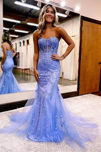 Blue Sweetheart Neck Mermaid Long Prom Dress With Appliques