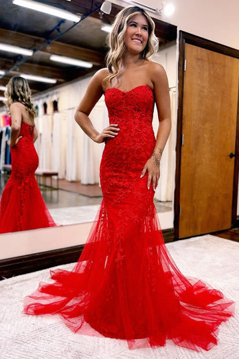 Red Sweetheart Neck Mermaid Long Prom Dress With Appliques