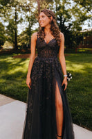 Load image into Gallery viewer, Black Off the Shoulder Corset Prom Dress with Appliques